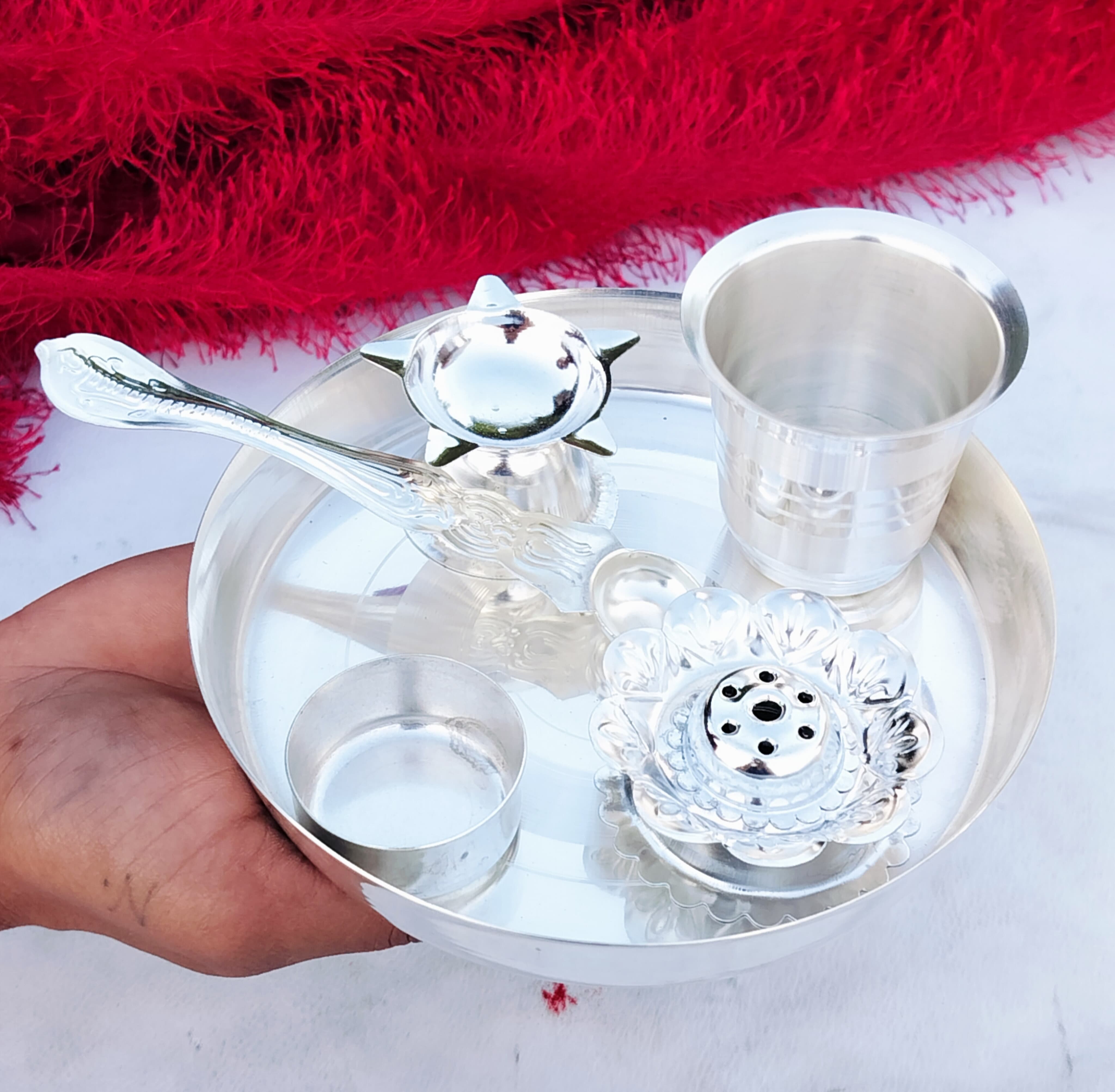 German silver small pooja thali set of 6 pieces for housewarming/ diwali pooja